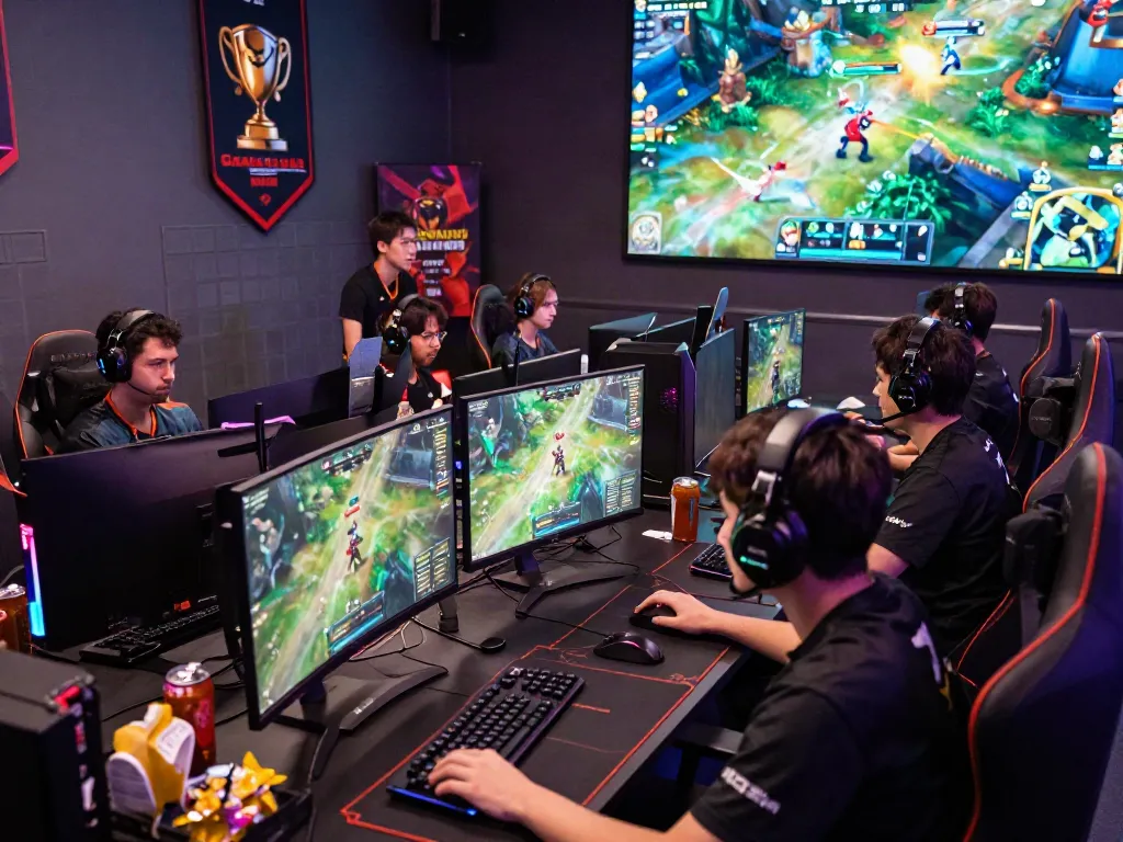 Dynamic gaming arena with esports competitors engaged in garuda404 gameplay, showcasing vibrant energy and competitive spirit.