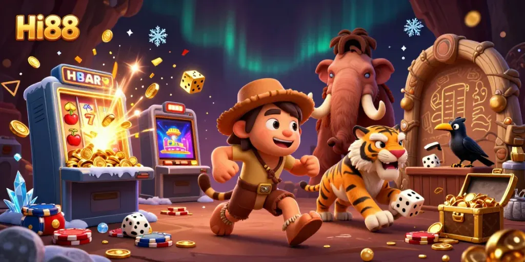 Experience the excitement of HI88 with caveman and sabertooth tiger in their vibrant prehistoric casino.