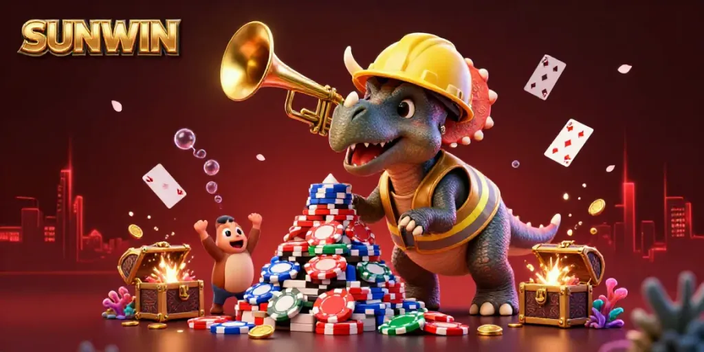 SUNWIN illustration showcasing a playful triceratops and parasaurolophus, celebrating in a vibrant casino scene.