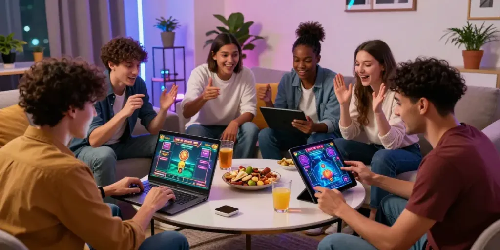 Lumbung88 gaming scene with friends engaged in online gambling excitement in a stylish living room.