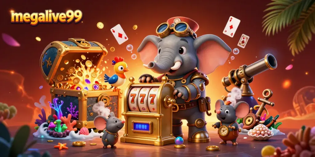 Permainan slot interaktif di megalive99, termasuk simbol keberuntungan dan barang emas yang melimpah.
