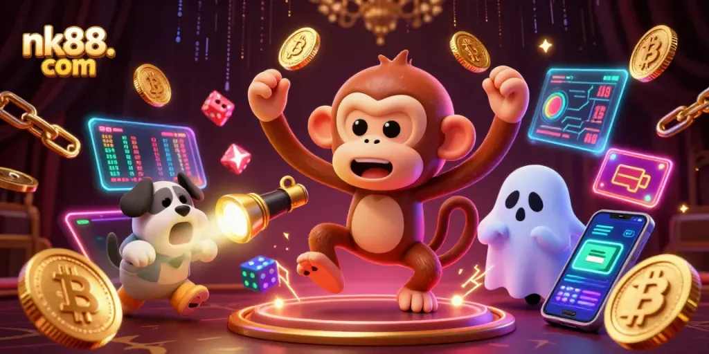 Engage with nk88. com in a haunted casino scene featuring ghosts, gold coins, and crypto symbols.