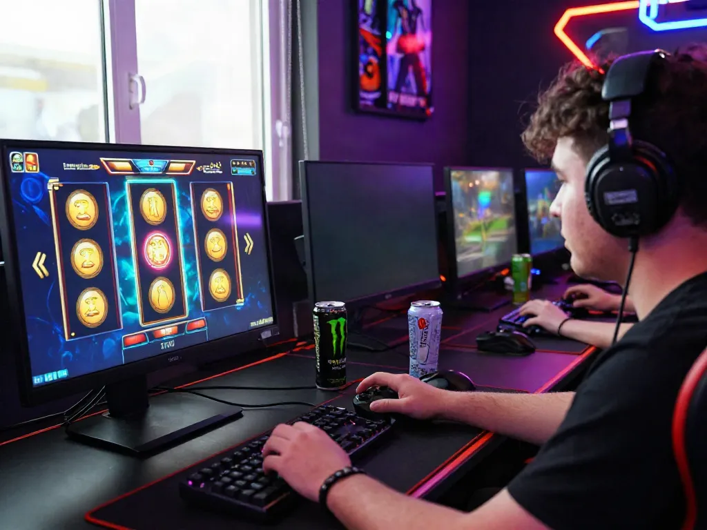 Player immersed in online slot gaming with vibrant graphics and gaming setup.