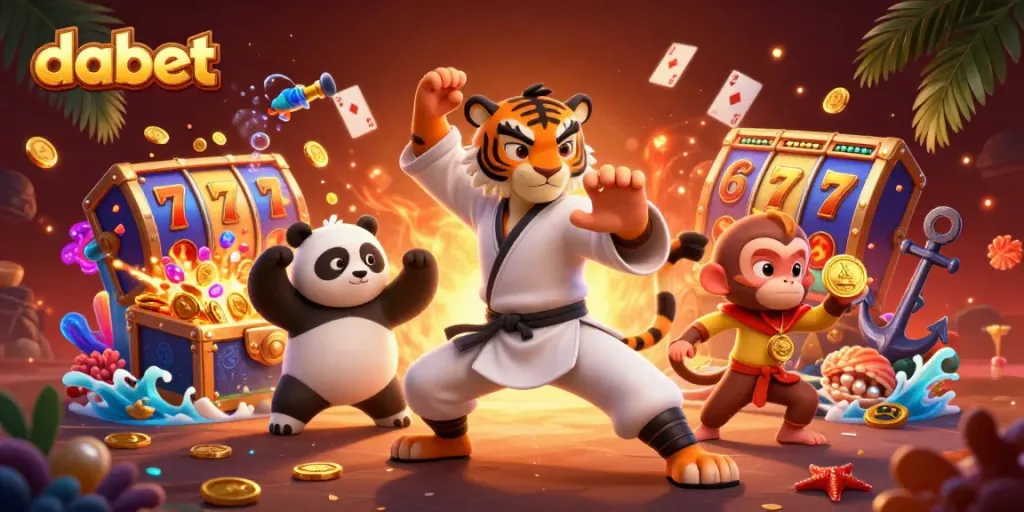 Dabet players winning with exciting slots, featuring vibrant characters and dynamic casino elements.