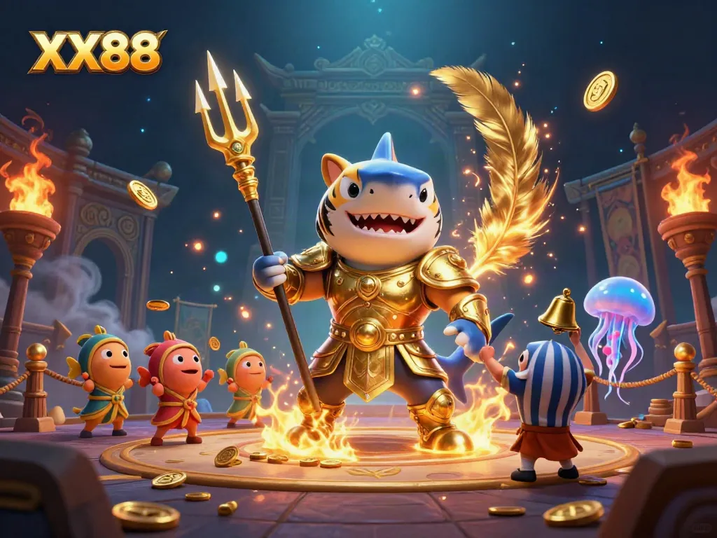Win big with thrilling games at XX88, highlighted by a gladiator shark in action.