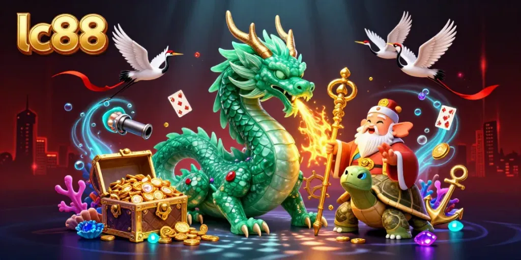 Engage in thrilling lc88 casino adventures with a dynamic scene of a jade dragon, wise turtle sage, and lucky cranes.