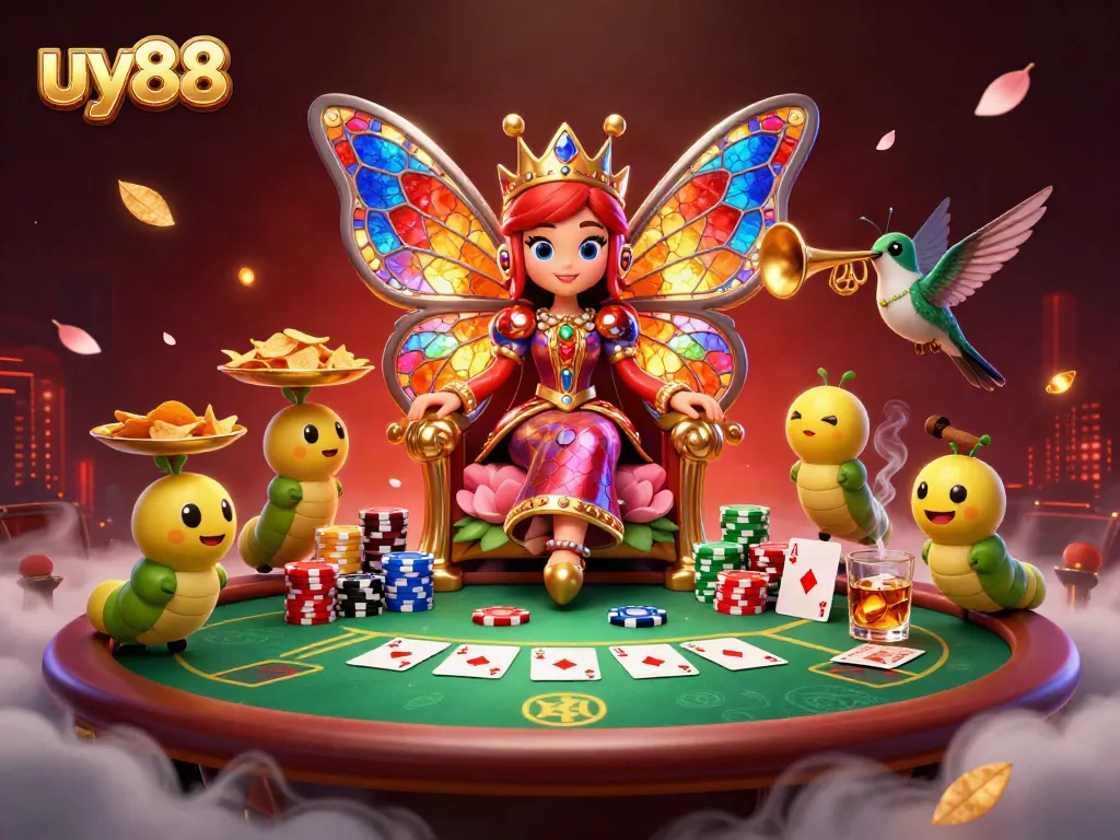 Experience the vibrant world of uy88 through a colorful 3D illustration showcasing a butterfly queen and vibrant casino elements.