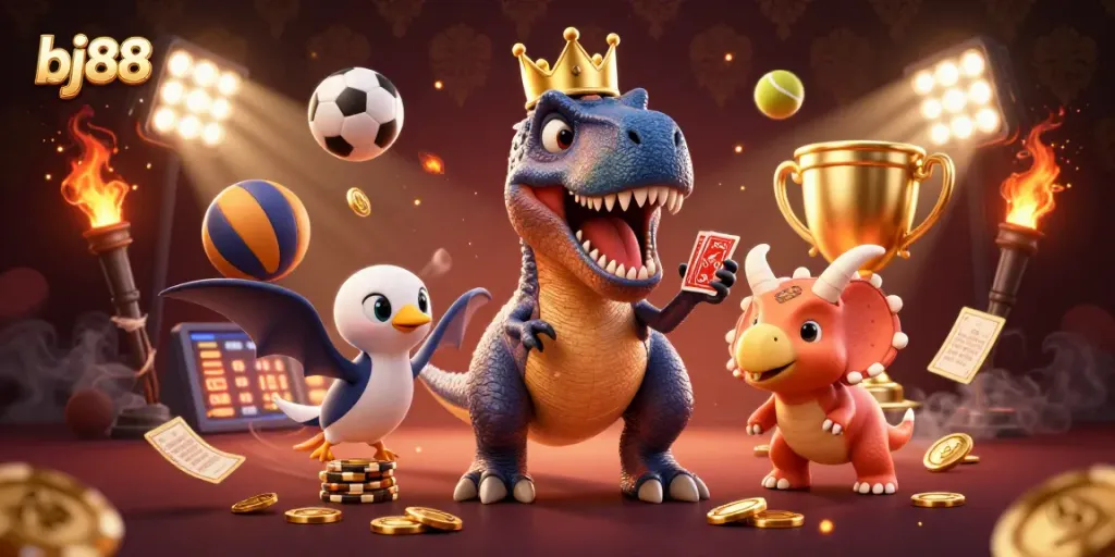 Engage with bj88 as a friendly T-Rex shuffles cards with dynamic sports elements flying around.