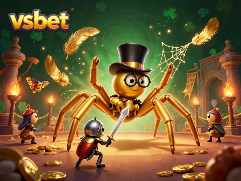 Engage with the dynamic casino scene at vsbet featuring a golden tarantula and a beetle knight.