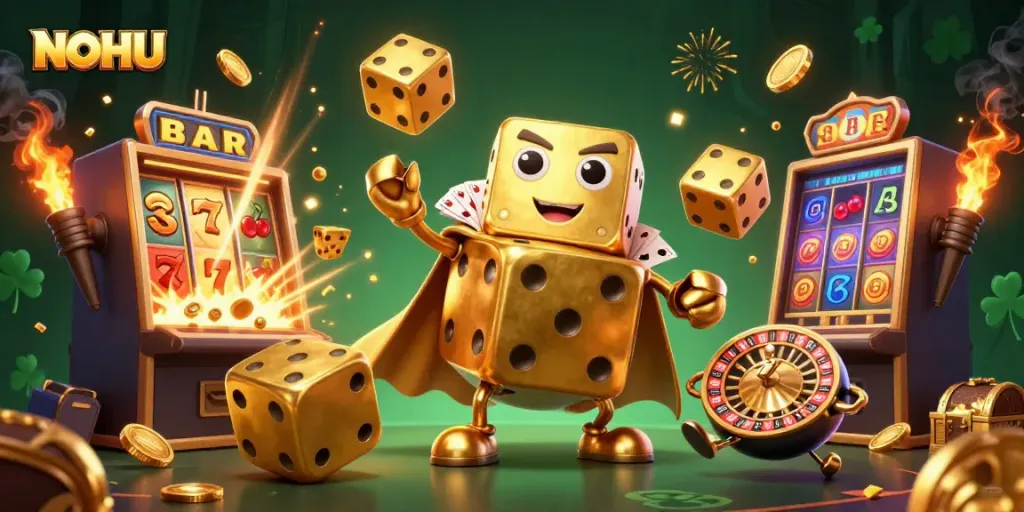 Experience thrilling casino fun with a massive golden dice golem and jackpot at NOHU.