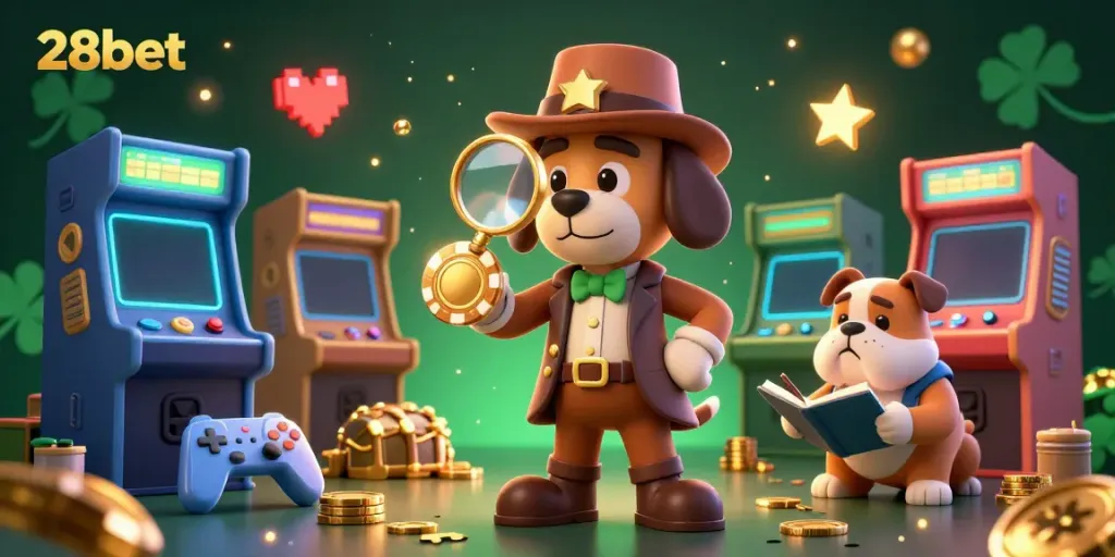 Detective dog investigates a golden poker chip clue among dynamic casino elements at 28bet.