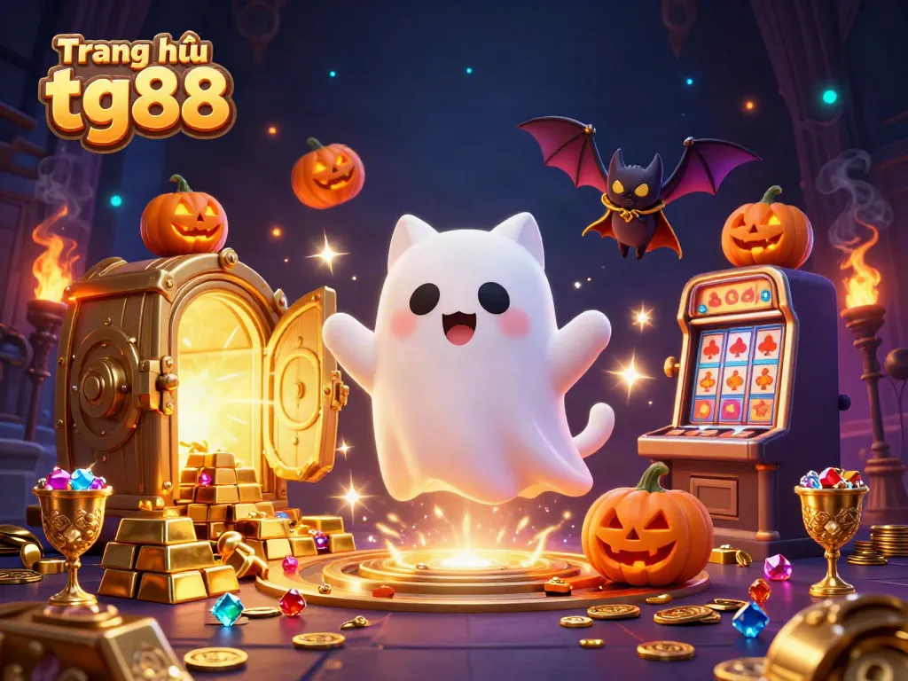 Engage with Trang chủ tg88 through a haunted casino scene featuring a playful ghost cat and vampire bat.