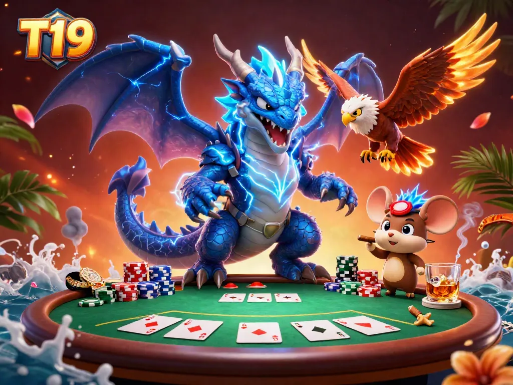 Experience the thrill of T19 with vibrant poker action, showcasing a powerful thunder dragon and dynamic casino elements.