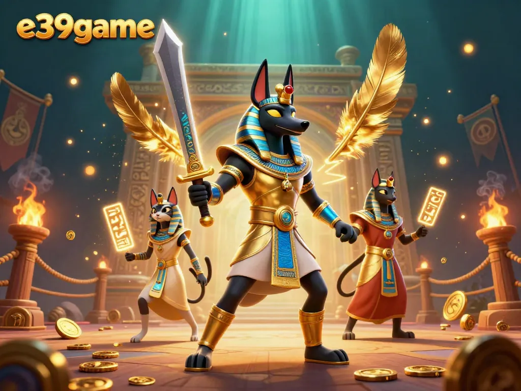 Experience excitement with e39game in an ancient Egyptian casino scene filled with gold coins and vibrant characters.