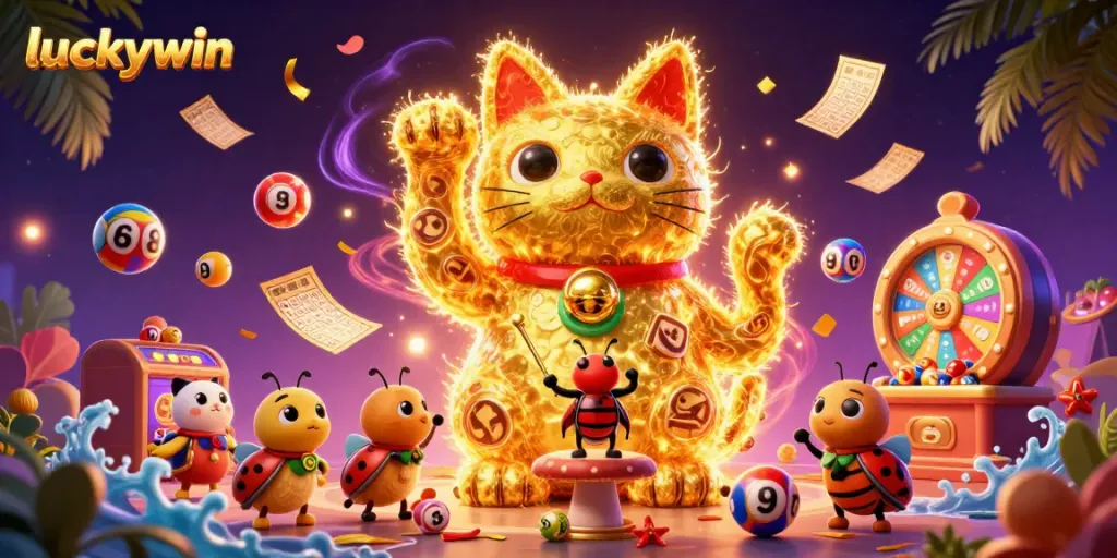Experience luckywin's vibrant casino themes with this captivating 3D illustration of a lucky cat.
