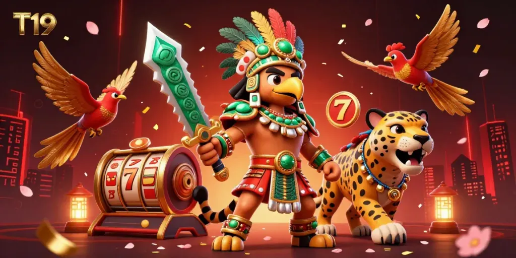 T19's vibrant promotional illustration showcasing Aztec warriors and dynamic casino elements in an engaging digital scene.