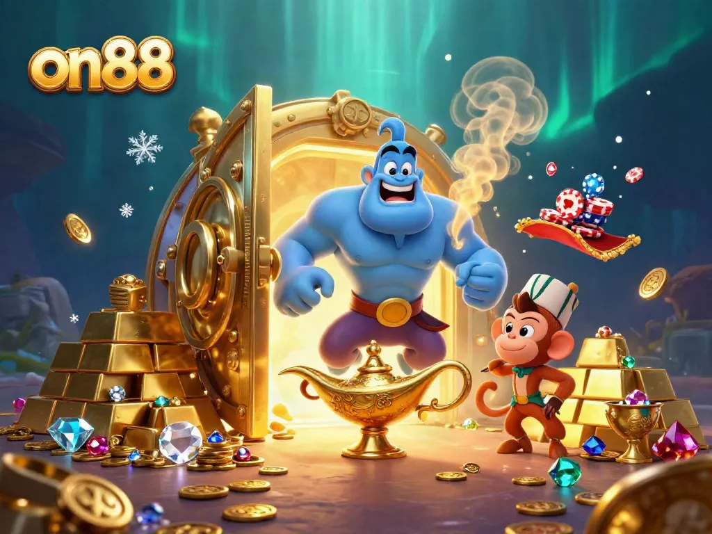 Experience on88's vibrant 3D casino universe with a genie, treasures, and poker chips.