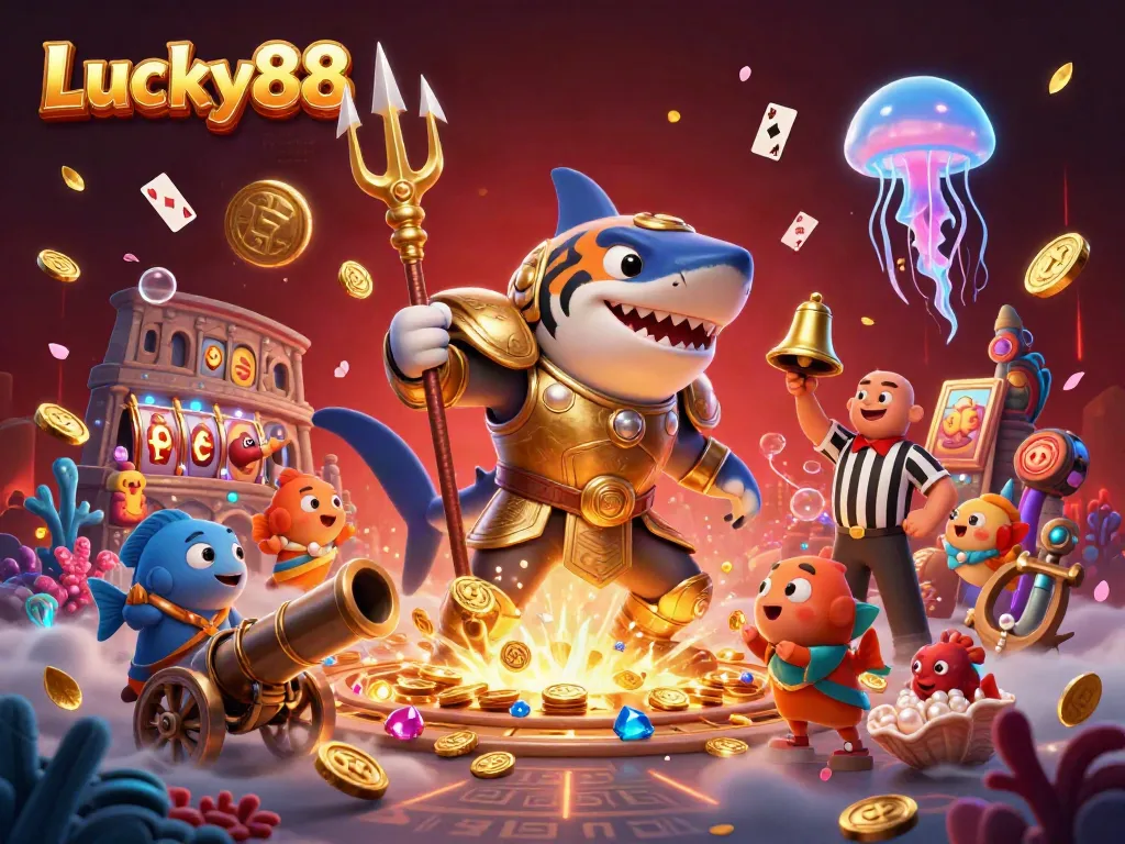 Experience the thrill of Lucky88 with a vibrant underwater casino scene featuring a golden shark gladiator.