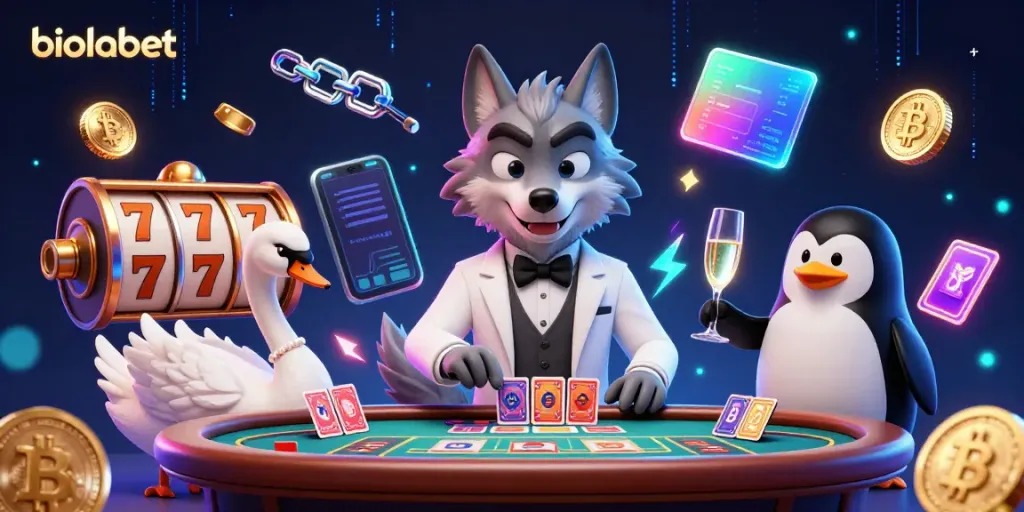 Spin the reels with biolabet's exciting slot games featuring vibrant casino characters and crypto elements.