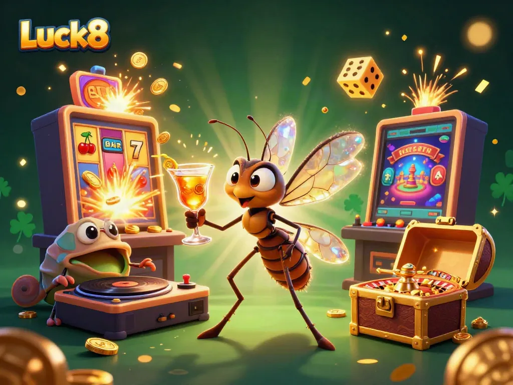 Luck8's vibrant casino scene features a mosquito mascot, trilobite DJ, and roulette wheel in an exciting gaming environment.