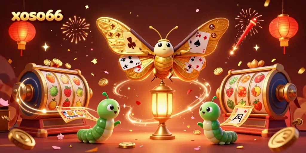Experience thrilling gameplay with xoso66 in a vibrant casino-themed illustration featuring a magical moth and festive elements.