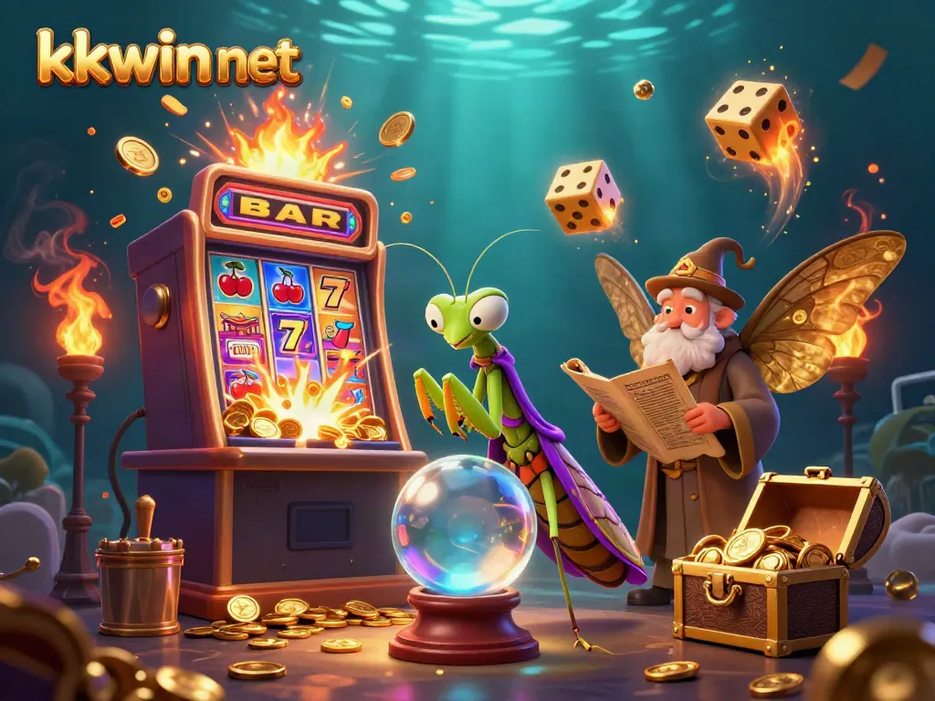 Engage with the KKWIN net experience through a vibrant illustration depicting a mystical fortune teller and an ancient librarian amid dynamic casino elements.