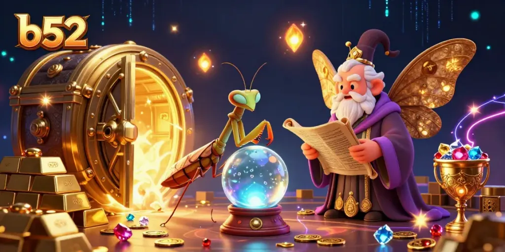 Engage with the mystical b52 fortune teller scene filled with treasures and casino elements, symbolizing luck.