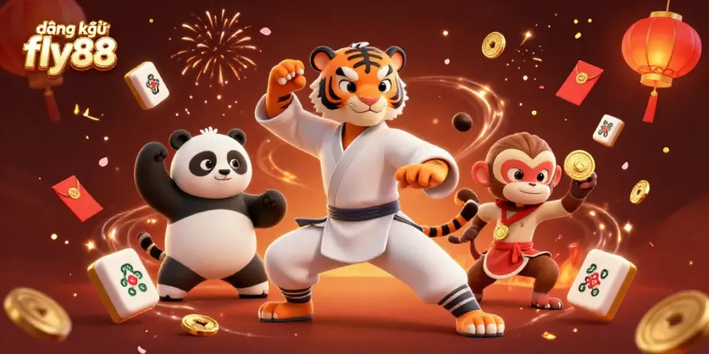Experience the vibrant excitement of đăng ký fly88 in this 3D scene with animated characters and gold treasures.