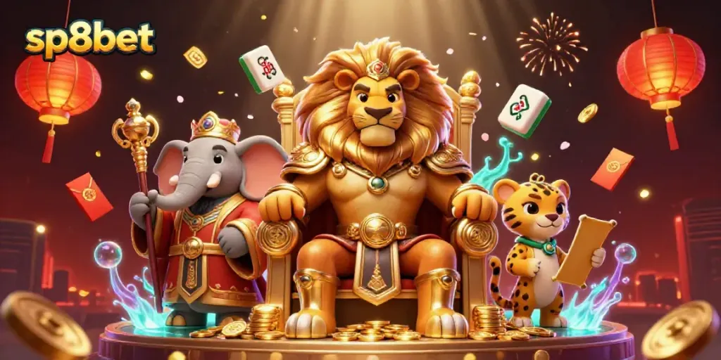 Experience thrilling spins at sp8bet with this vibrant 3D casino illustration featuring royal characters.