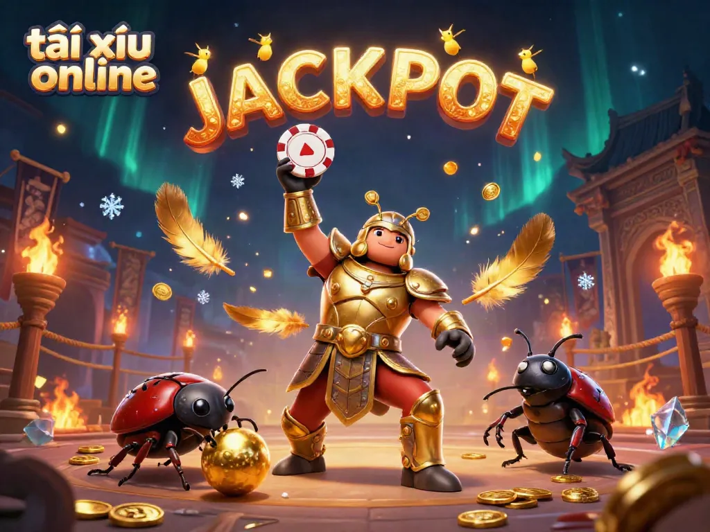 Celebrate wins in tài xỉu online with a victorious hercules beetle and a vibrant, festive atmosphere.