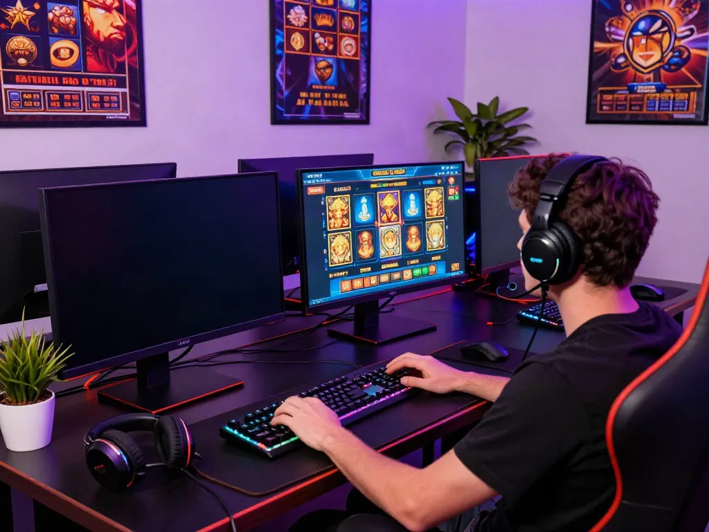 Exciting online gaming scene showcasing slot games on multiple screens.