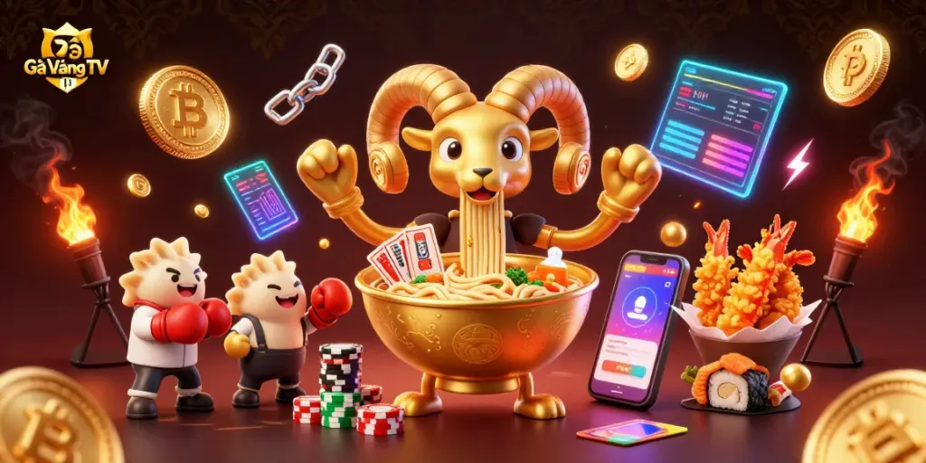 Gà Vàng TV showcases a vibrant scene with a golden ramen bowl character involved in exciting gambling activities.