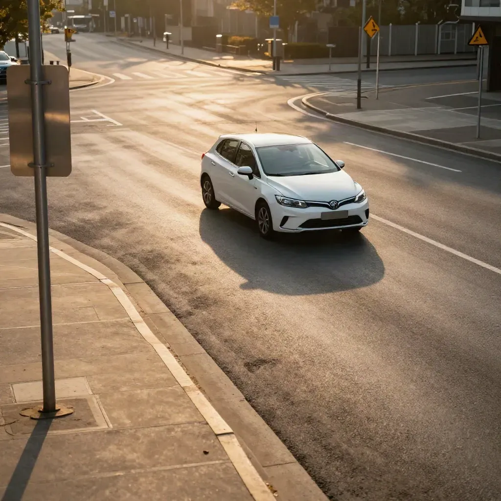 Jasne miejskie skrzyżowanie, kompaktowe auto wjeżdża w zakręt o złotej godzinie.