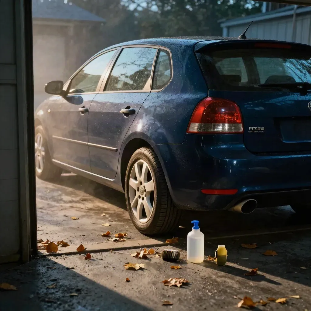 Rodzinny hatchback w progu garażu, jesienne liście i zimowy chłód, dramatyczne światło.