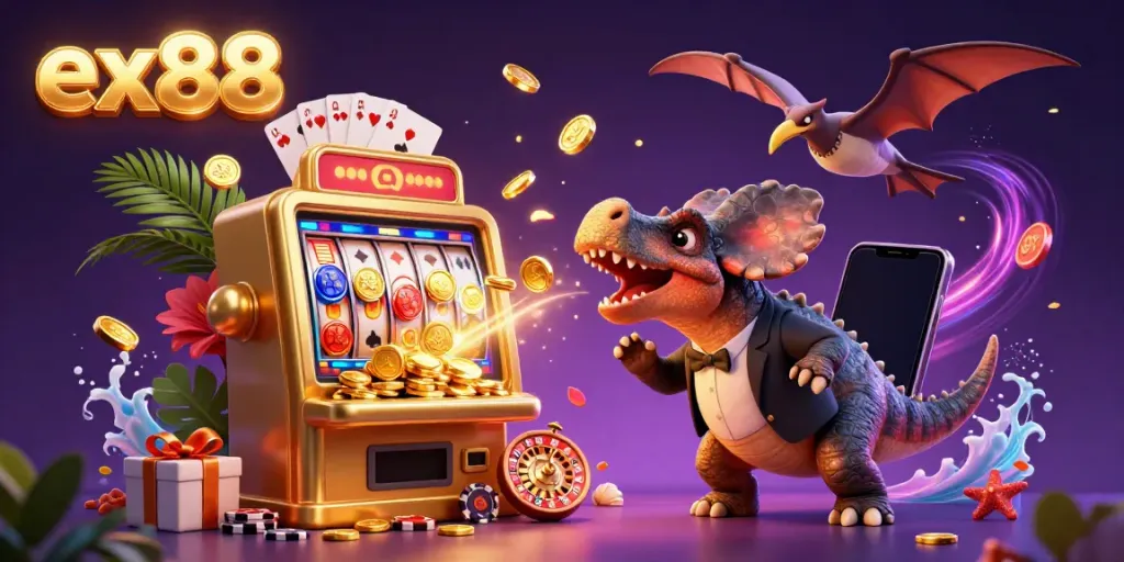 Experience ex88 excitement with cartoon dinosaurs in a dynamic casino jackpot scene.