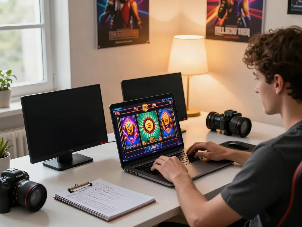 Pengguna ASLOTRE memainkan slot online dengan laptop dan smartphone di meja, suasana gaming yang seru.