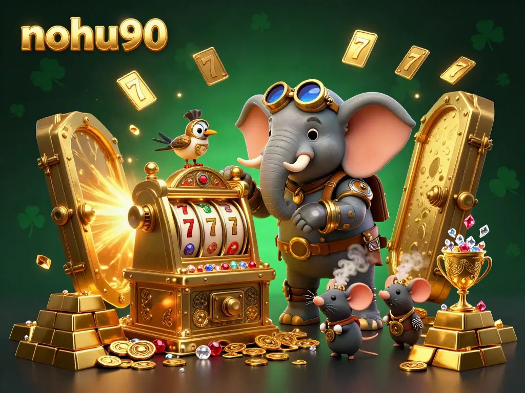 Nohu90 captivates with a 3D steampunk elephant operating a golden slot machine amidst riches.