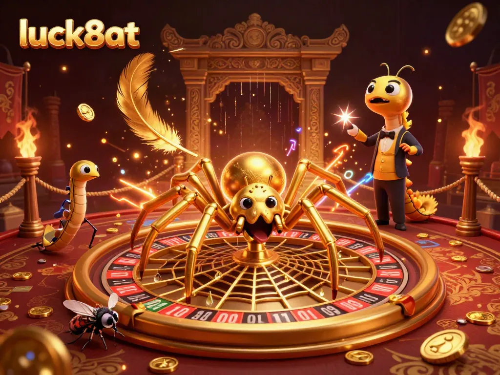 Spinning the roulette wheel at luck8at as a golden spider and centipede croupier create a vibrant casino scene
