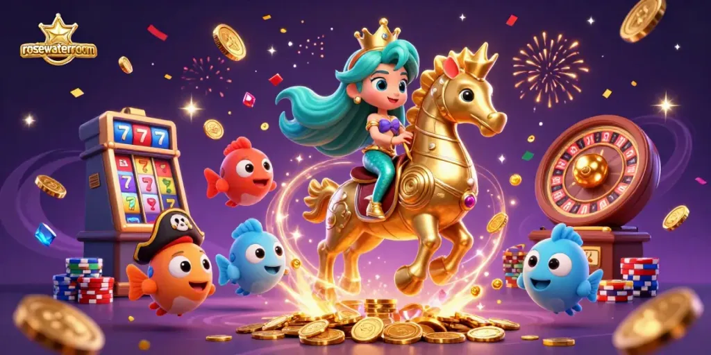 Experience the excitement of winning at rosewaterroom with vibrant characters and casino elements in a thrilling scene.
