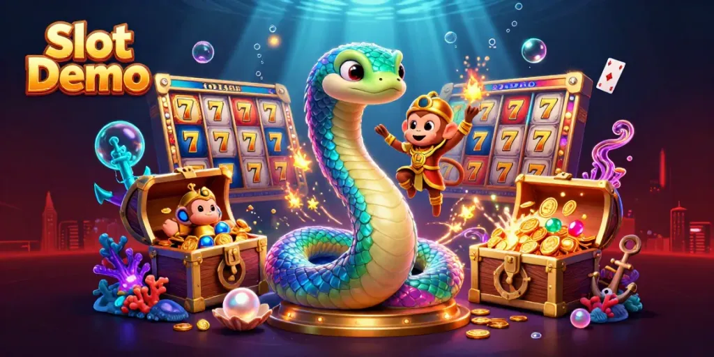 Spin rich Slot Demo game elements surrounded by a vibrant rainbow serpent and monkey king.