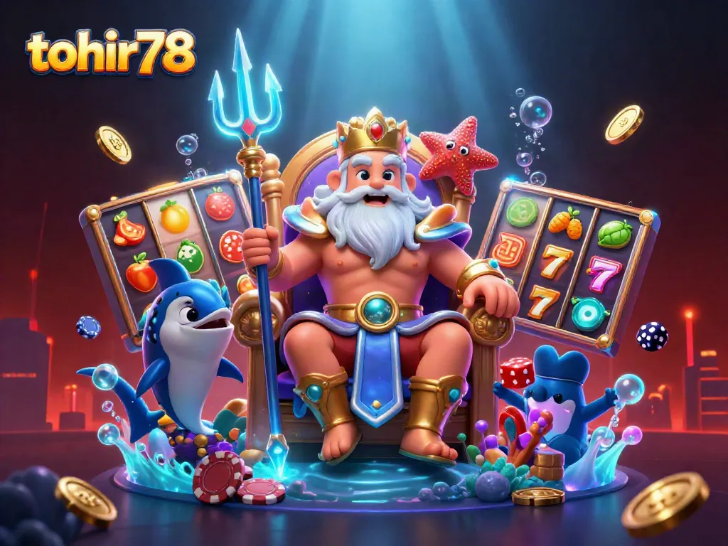 Spin to win with tohir78 featuring a 3D Neptune in a vibrant casino scene.