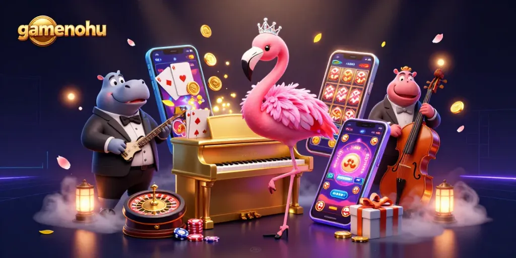 Spin and win with gamenohu in a vibrant casino scene featuring flamingo singer and hippo bassist.