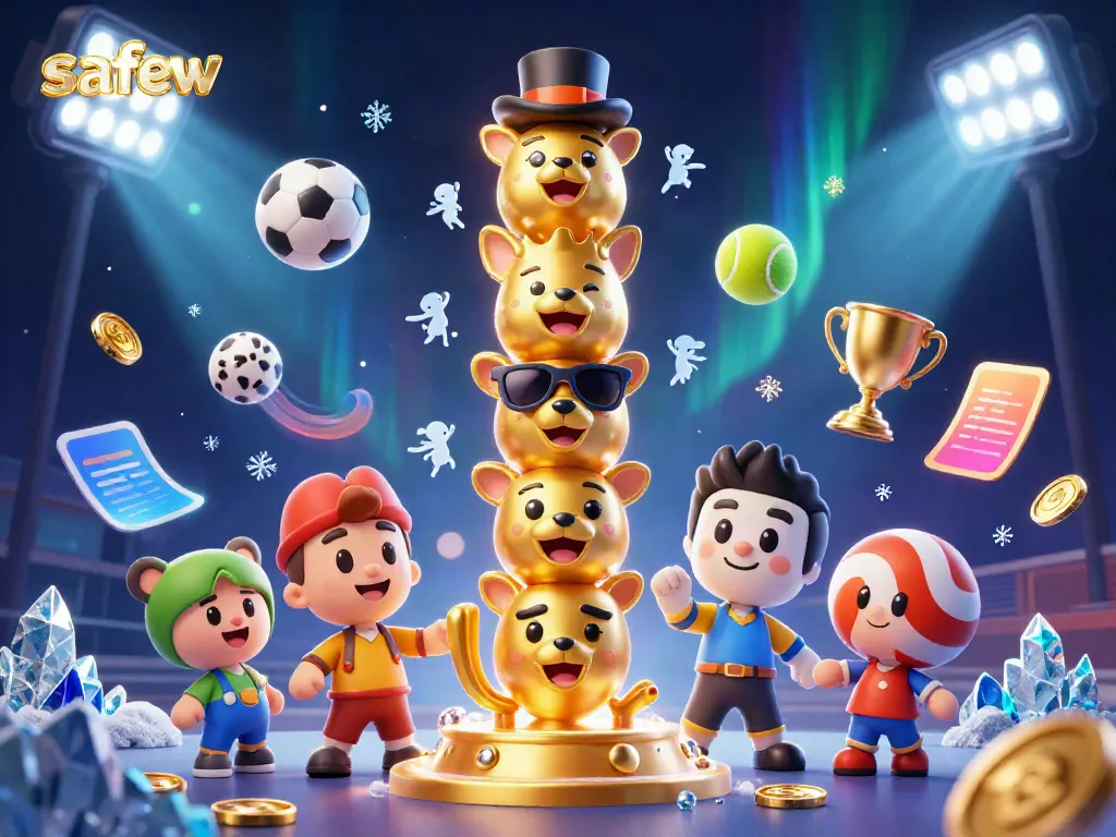 Experience safew's vibrant casino excitement with a cartoon totem pole and dynamic sports elements.