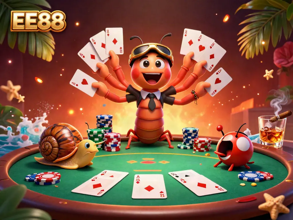 EE88 showcases an exciting scene with a millipede dealer and snail high-roller at a poker table, creating a vibrant casino atmosphere.