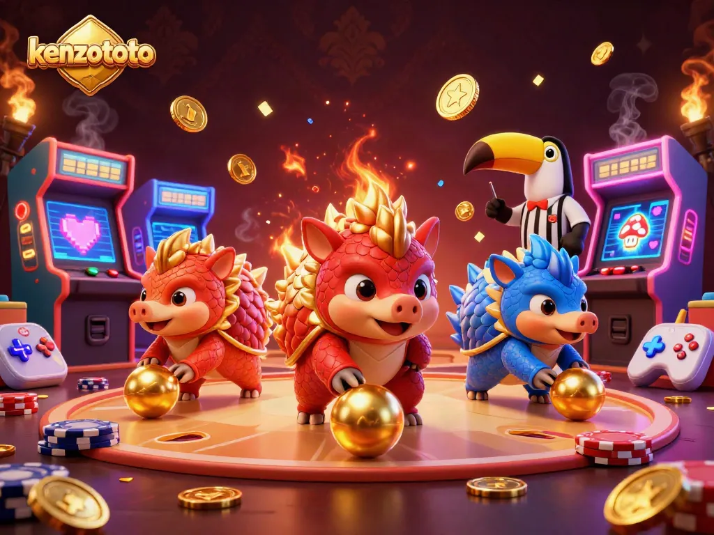 Kenzototo offers an exciting gaming experience with pangolins competing amidst golden casino elements.