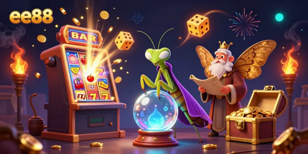 Engage with ee88's vibrant casino world showcasing a dynamic slot machine and enchanting characters.