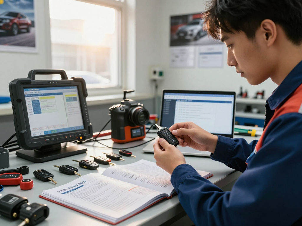 Key Fob Programming Raleigh expert technician programming a car key fob in a modern workshop.