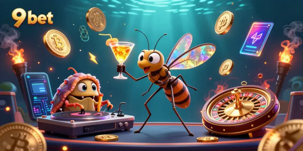 Experience thrilling excitement at 9 bet with a lively scene depicting a casino mascot and immersive elements.