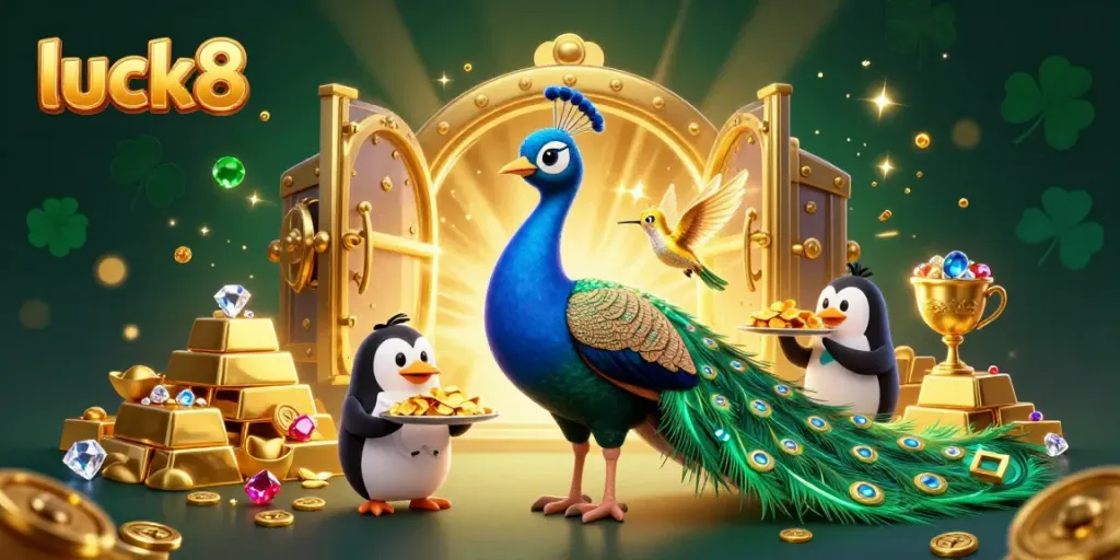 Experience luck8's vibrant gaming scene with a dazzling peacock, golden chips, and treasure.