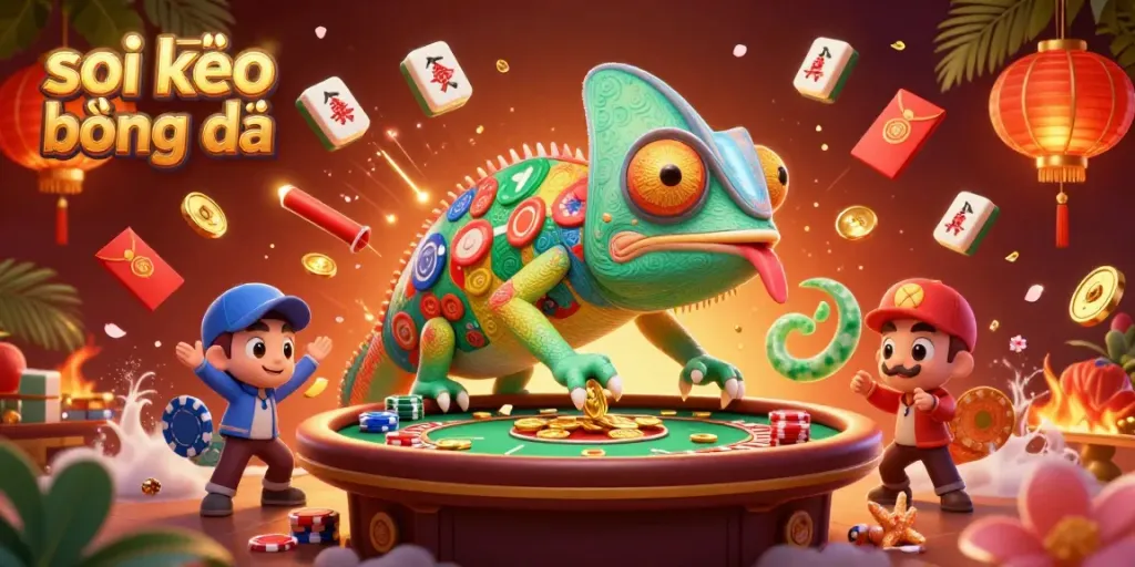 Engaging illustration for soi kèo bóng đá featuring a dynamic chameleon casino owner and vibrant casino elements.